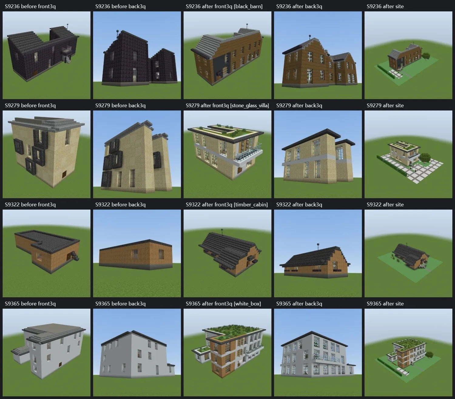 Pairs of Minecraft houses: plain boxy versions on the left, finished versions with styled roofs and gardens on the right