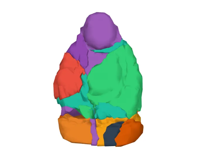 Reassembled: a statue broken into about 20 coloured pieces
