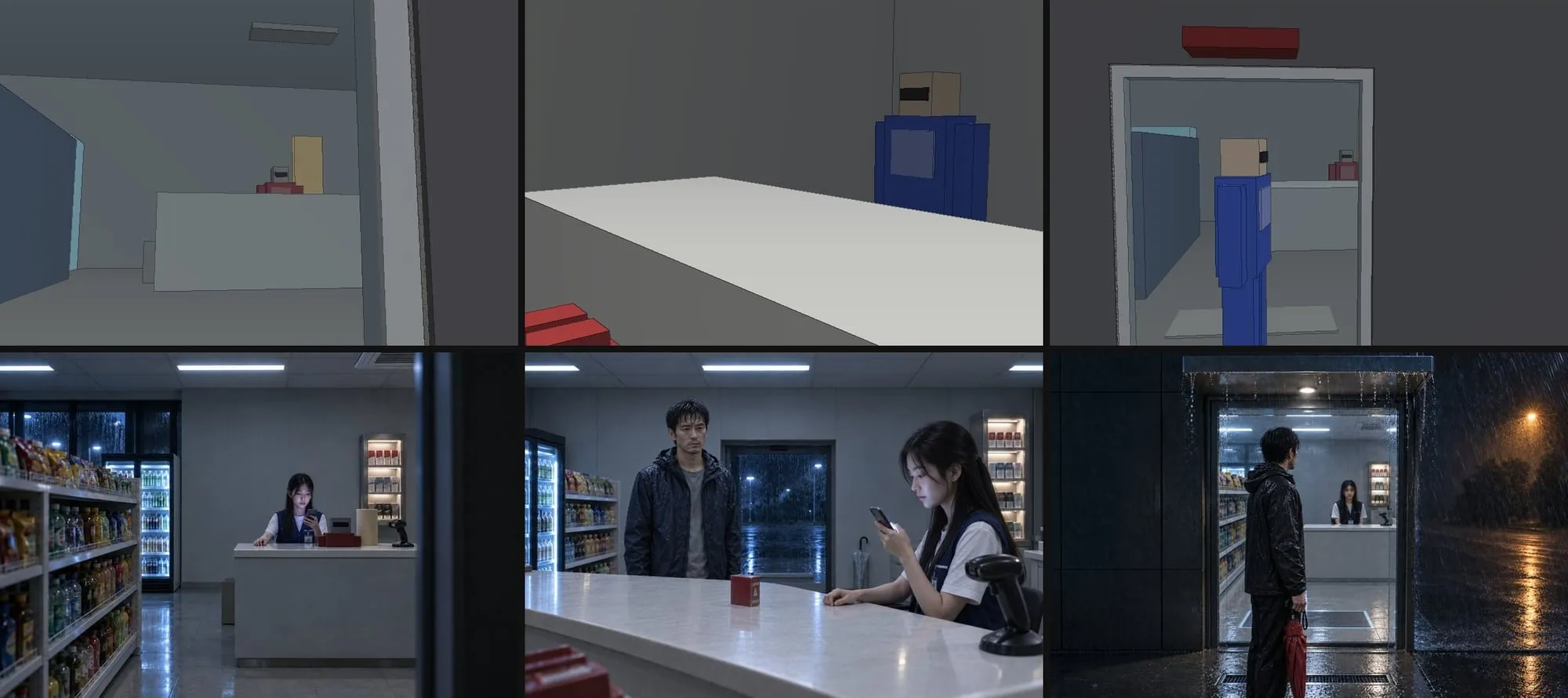Three grey-box renders of a convenience store above three painted film frames of the same shots