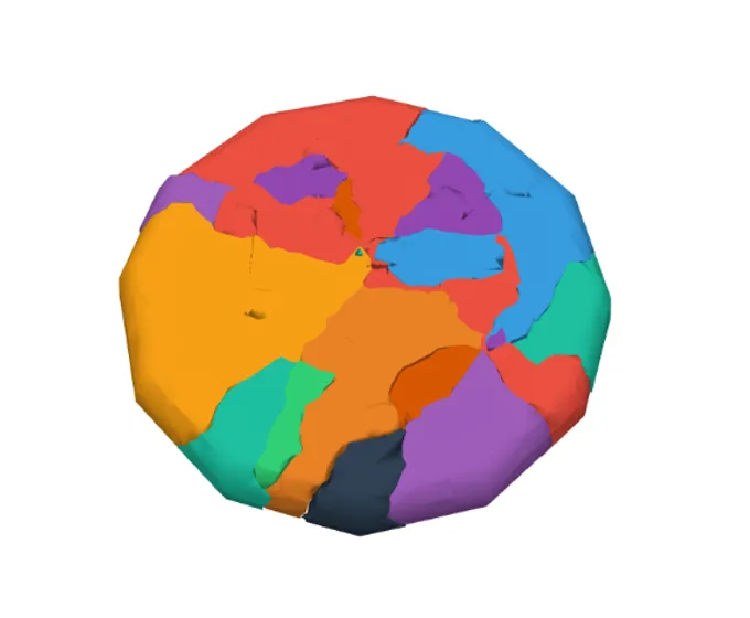 Reassembled: a cookie broken into about 20 coloured pieces