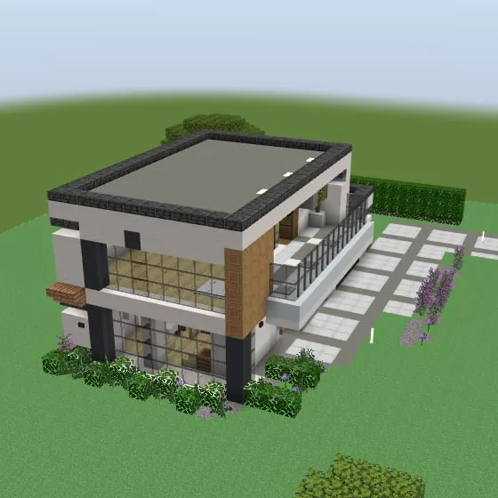 Minecraft build of the modern house with a flat roof, white walls, wood cladding and a glass balcony
