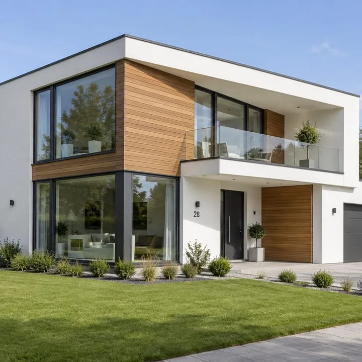 Photorealistic picture of a white two-storey modern house with wood cladding, large windows and a glass balcony