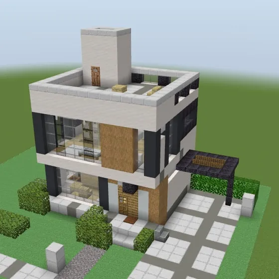 Minecraft build of the modern house with white walls, large dark-framed windows, wood panels and a roof terrace