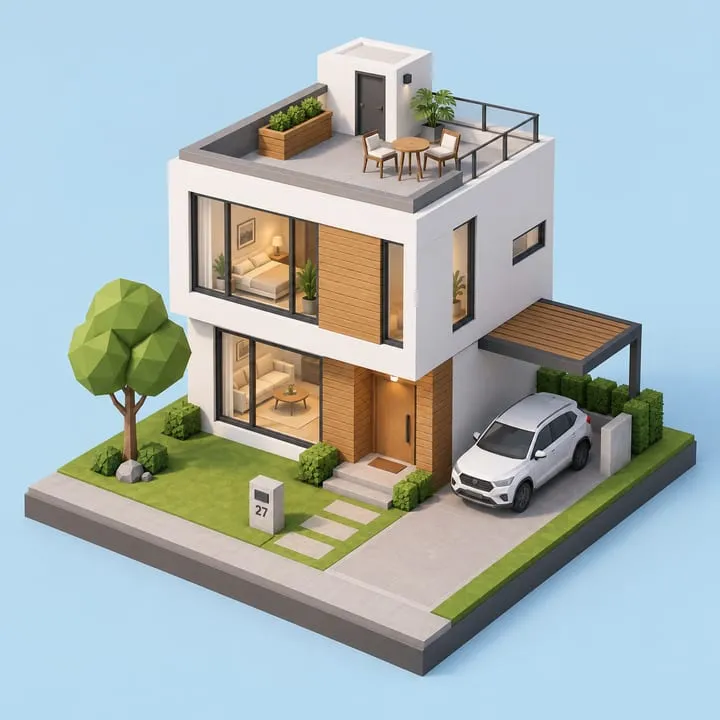 Isometric 3D render of a white three-storey modern house with a roof terrace, wood cladding and a carport