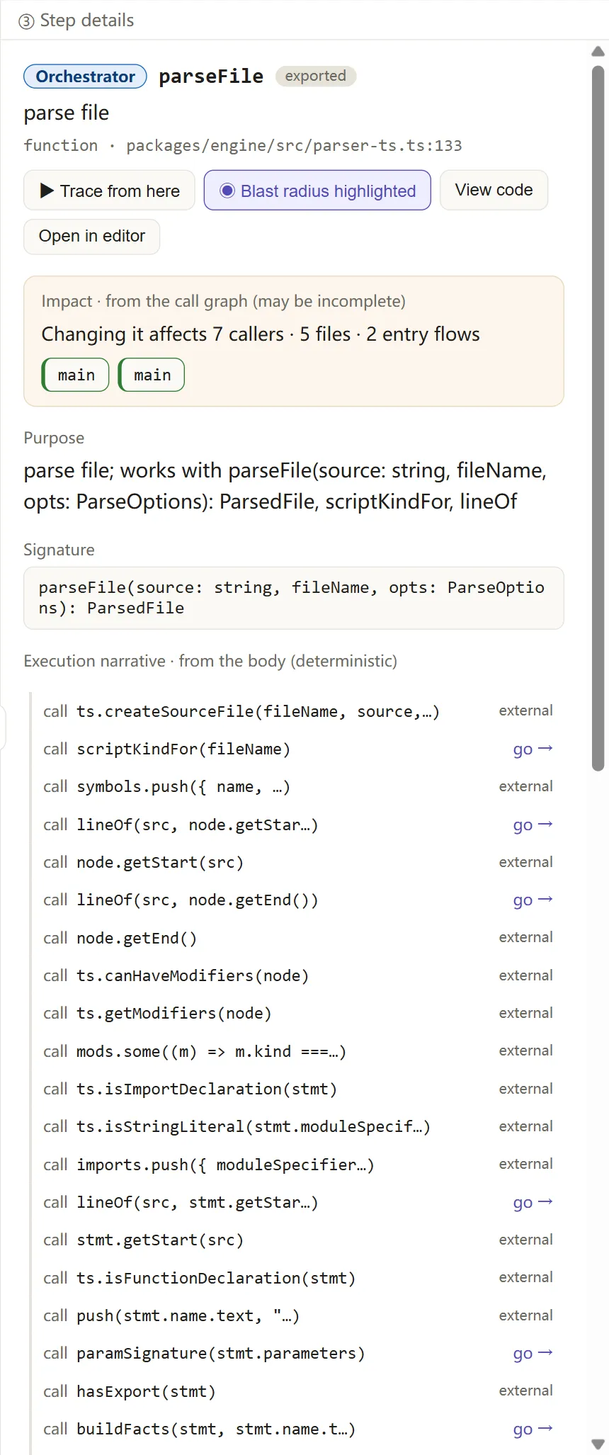 A tall details panel for parseFile with an impact box, purpose, signature and a list of calls