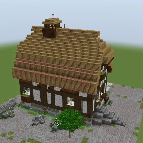 Later engine render of the same house with a stepped roof, a chimney, window boxes, stone paths and a tree