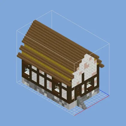 Early engine render of a timber-framed house with a plain plank roof inside a wireframe bounding box