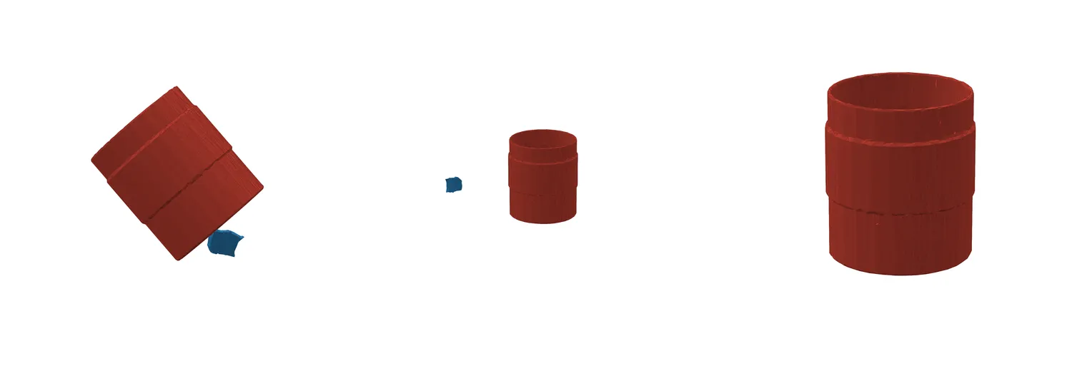 A cup shown as scattered pieces, as reassembled with one small piece floating off to the side, and as the ground truth