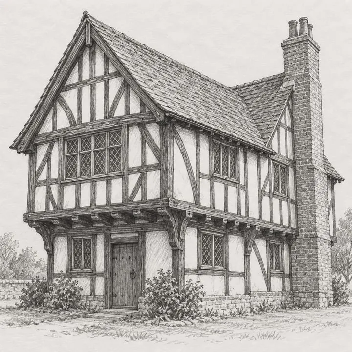 Pencil sketch of a two-storey Tudor house with a jettied upper floor, a steep roof and a tall chimney