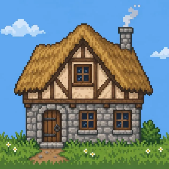 Pixel-art cottage with a thatched roof, a timber-framed gable, a stone ground floor and a smoking chimney
