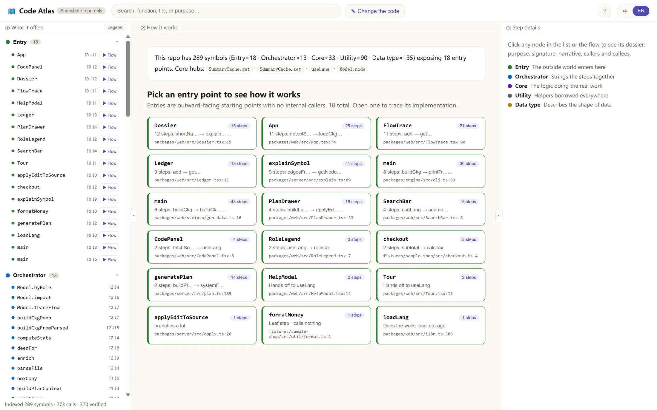 Code Atlas overview with a project summary, entry point cards and a list of functions grouped by role