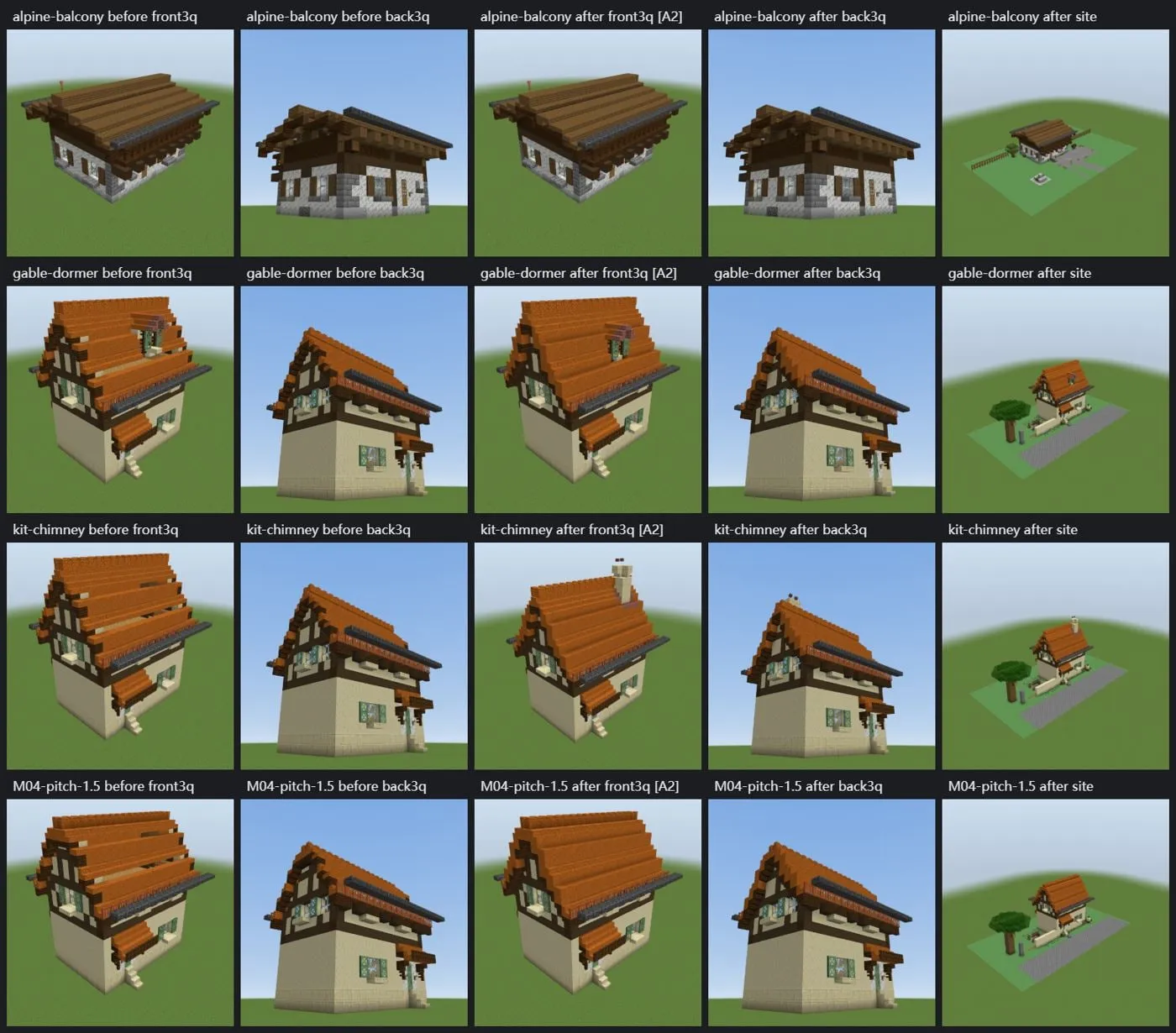 Two versions of the same Minecraft houses, the second with steeper roofs, dormers and chimneys
