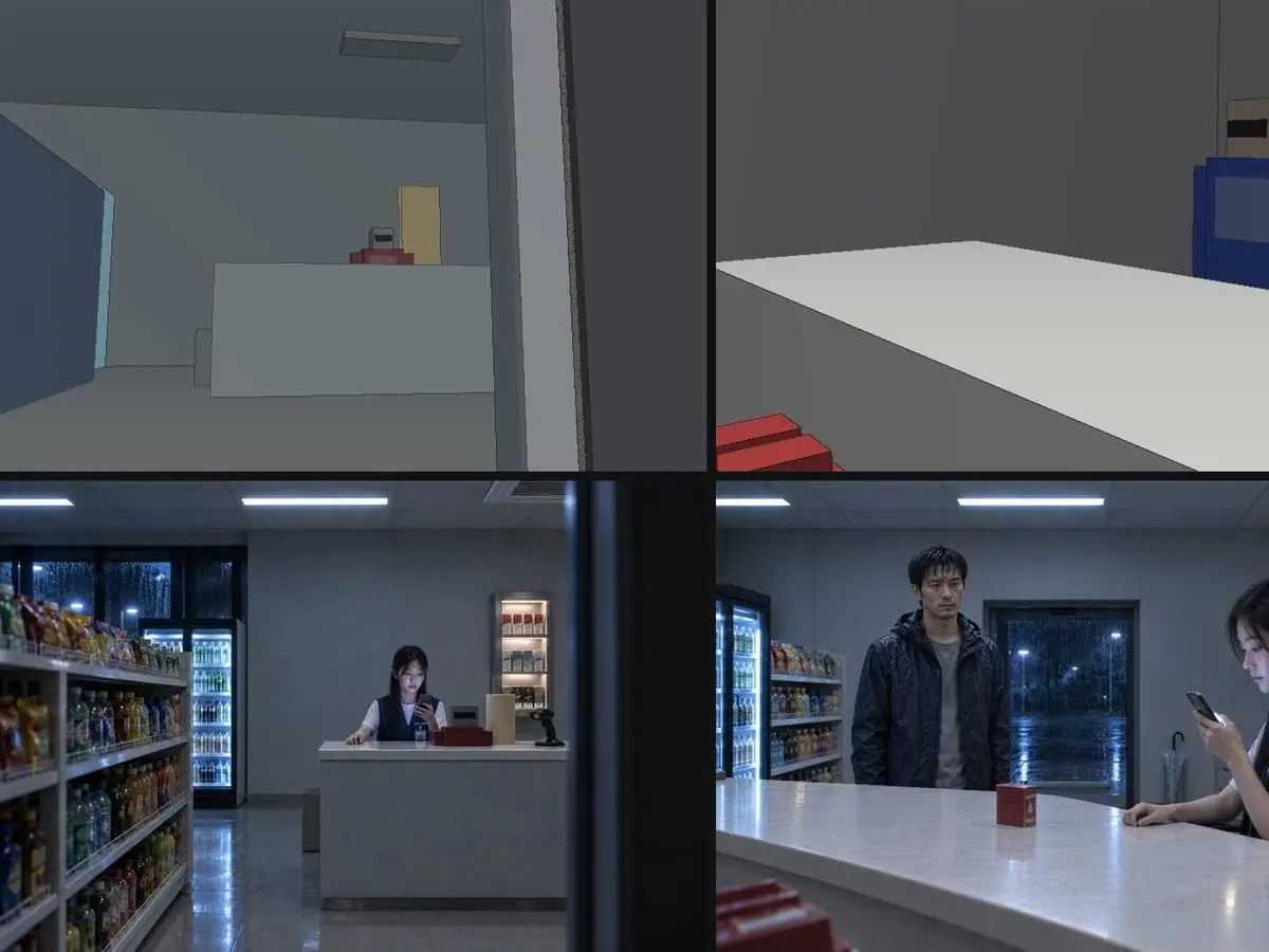 Grey-box renders of a convenience-store set above the keyframes painted over them