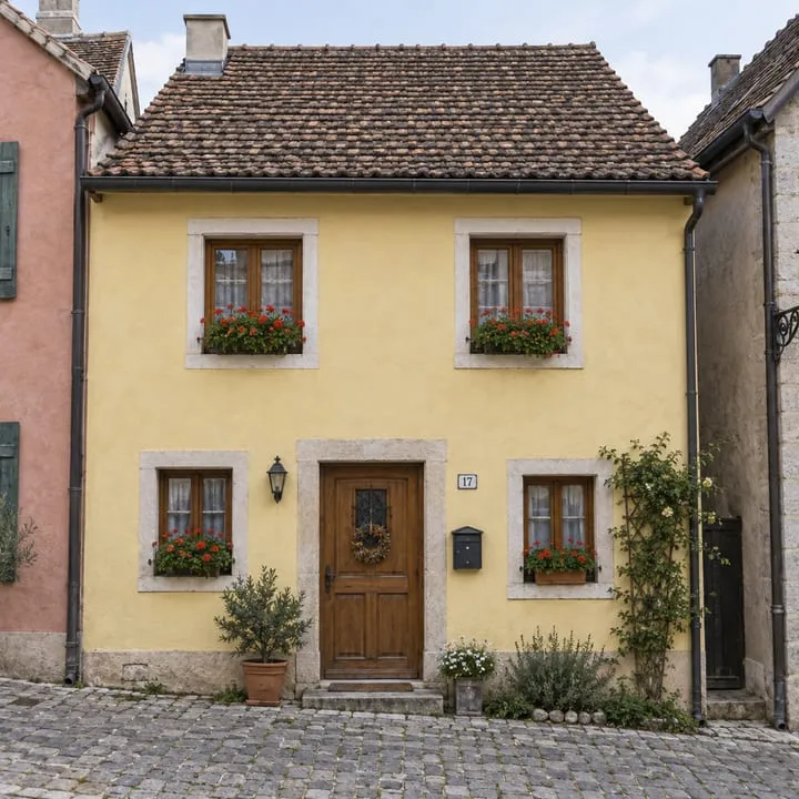 Photorealistic picture of a narrow yellow two-storey townhouse with a tiled roof between neighbouring houses